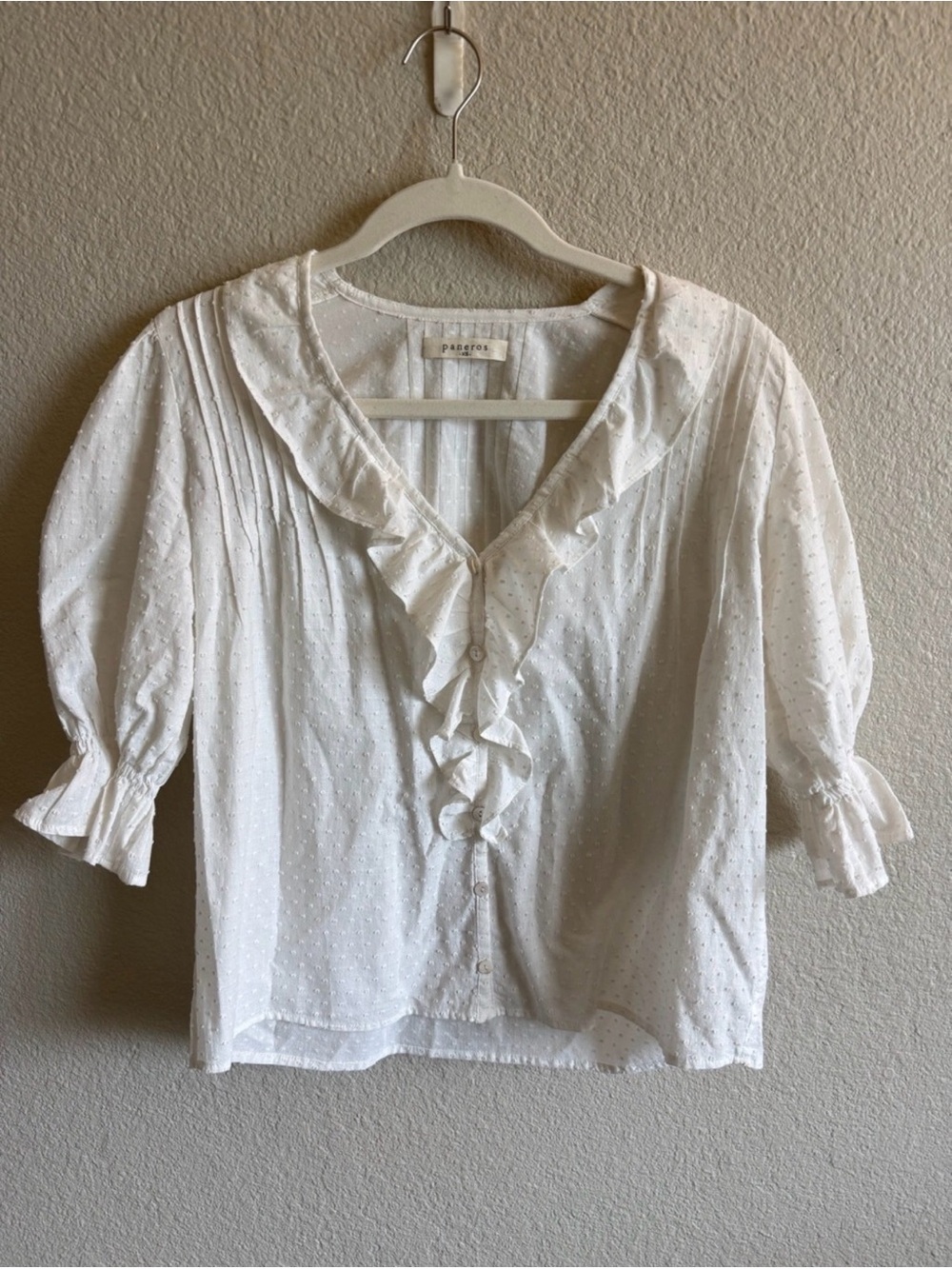 PANEROS White Ruffle Swiss Dot Blouse 100% Cotton Luxury Coastal Spring XS - Picture 2 of 7